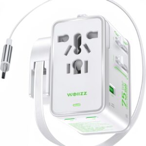 75W Tiny Universal Travel Adapter with 70cm Retractable Cable, GaN Fast Charging European Plug Adapter, 5 Ports (1 AC, 1 USB-A, 3 USB-C), with Smart Chip for Over 200 Countries, PD&QC Charger